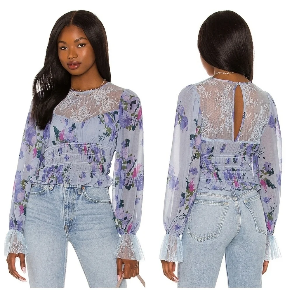 Free People Lace Sheer Smocked Crew Neck Keyhole Back Cropped Long Sleeve Top